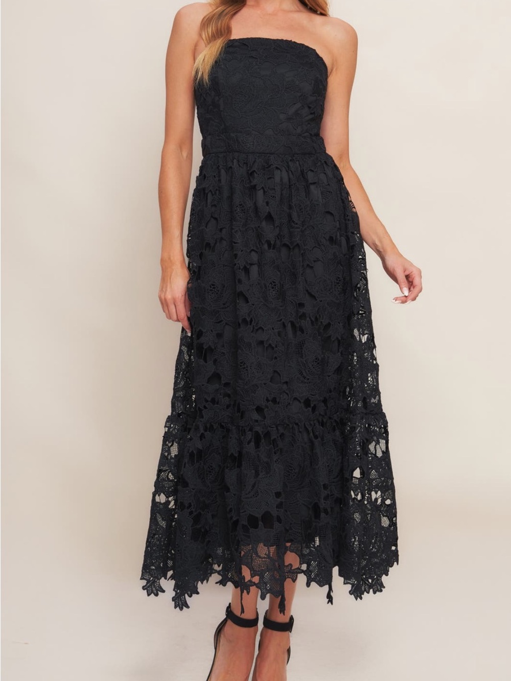 Flying Tomato Black Strapless Lace Midi Dress